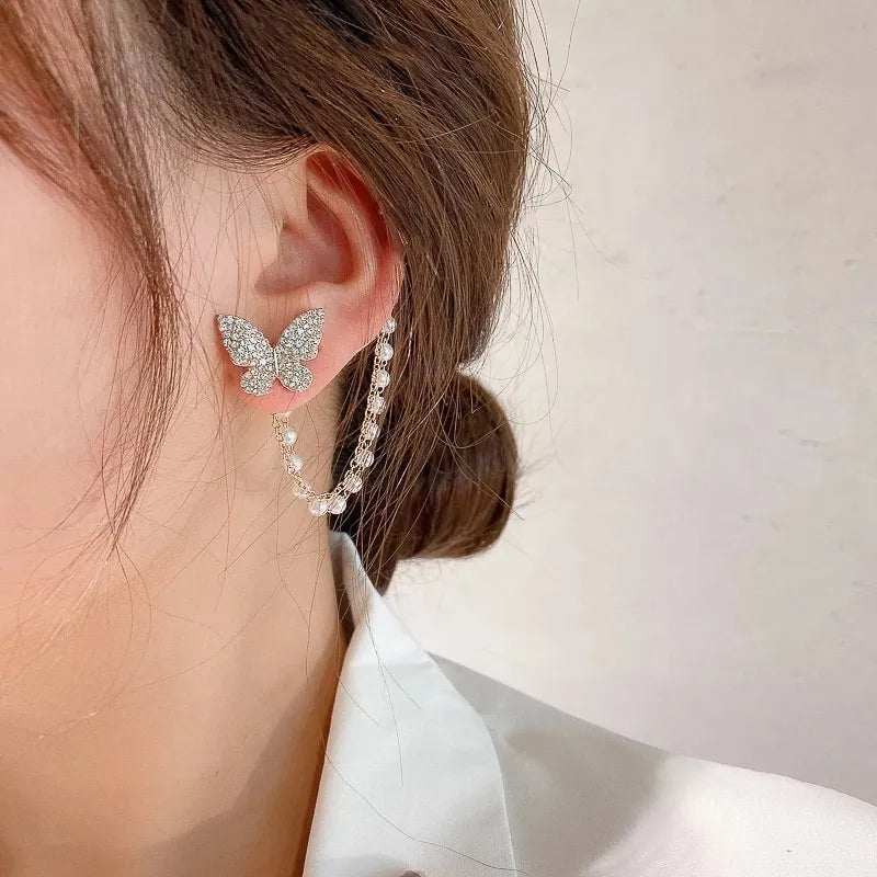 SkyLace Butterfly Ear Cuffs – Korean-Inspired Chain Stud Set (2 Pcs)