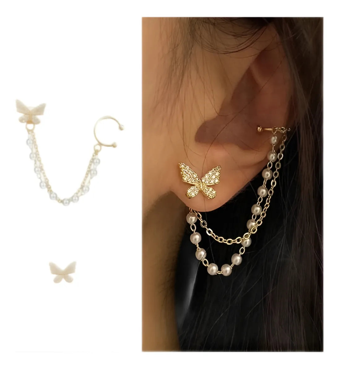 SkyLace Butterfly Ear Cuffs – Korean-Inspired Chain Stud Set (2 Pcs)