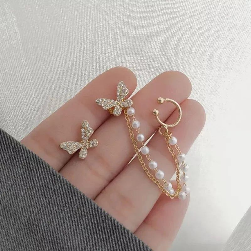 SkyLace Butterfly Ear Cuffs – Korean-Inspired Chain Stud Set (2 Pcs)
