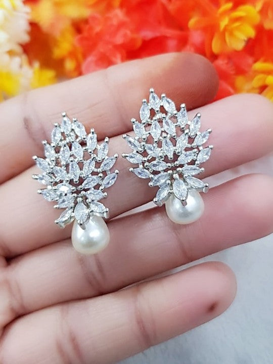 FrostBloom Drop Earrings – Rhodium-Plated Florals with Crystal Grace