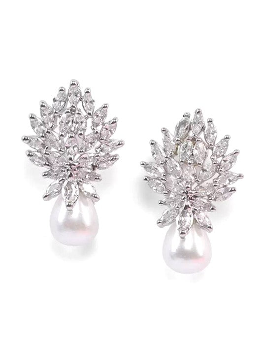 FrostBloom Drop Earrings – Rhodium-Plated Florals with Crystal Grace