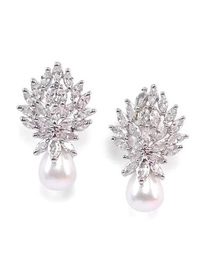 FrostBloom Drop Earrings – Rhodium-Plated Florals with Crystal Grace