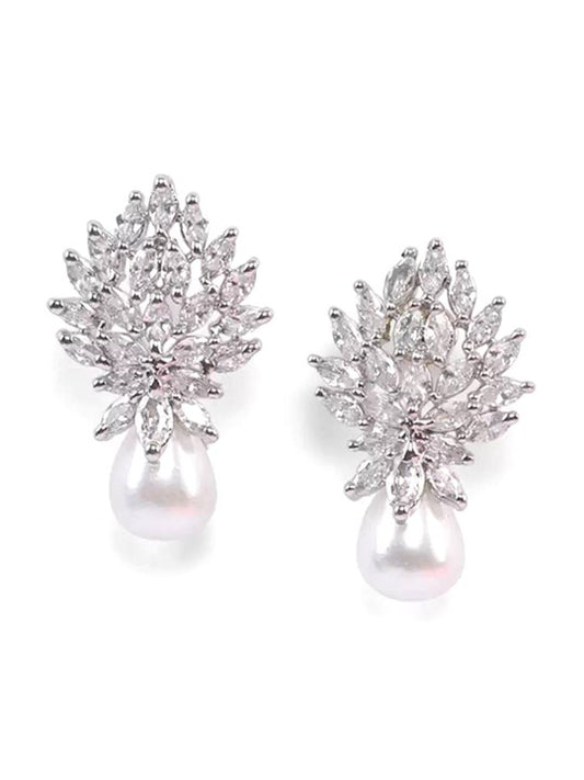 FrostBloom Drop Earrings – Rhodium-Plated Florals with Crystal Grace