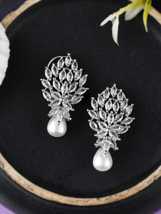 FrostBloom Drop Earrings – Rhodium-Plated Florals with Crystal Grace