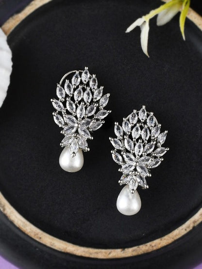 FrostBloom Drop Earrings – Rhodium-Plated Florals with Crystal Grace