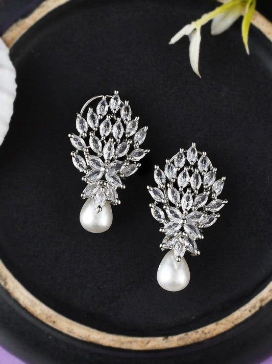 FrostBloom Drop Earrings – Rhodium-Plated Florals with Crystal Grace