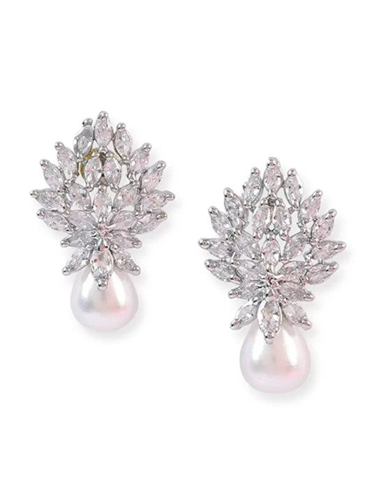 FrostBloom Drop Earrings – Rhodium-Plated Florals with Crystal Grace