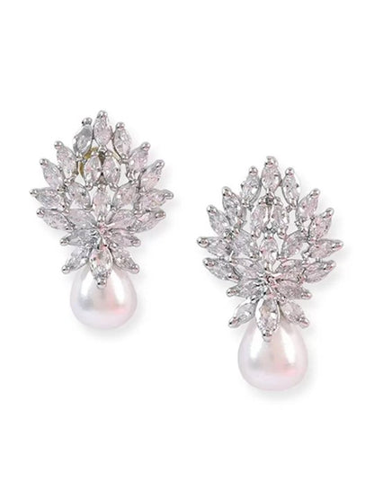 FrostBloom Drop Earrings – Rhodium-Plated Florals with Crystal Grace