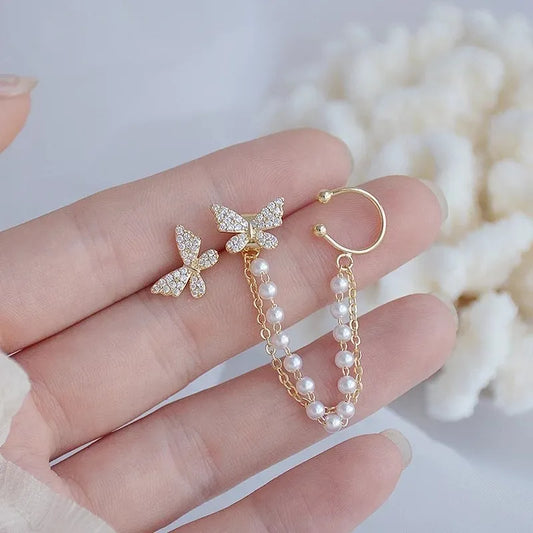 SkyLace Butterfly Ear Cuffs – Korean-Inspired Chain Stud Set (2 Pcs)