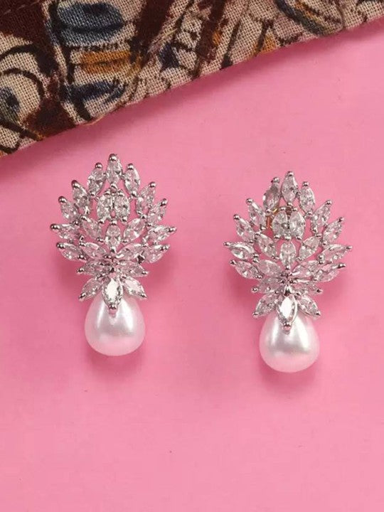 FrostBloom Drop Earrings – Rhodium-Plated Florals with Crystal Grace