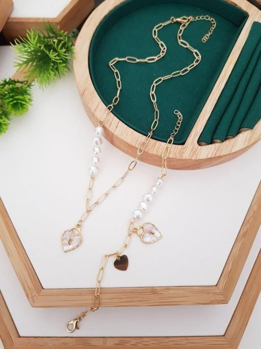 PearlWhisper Combo – Rose Gold Necklace & Bracelet Set with Classic Charm